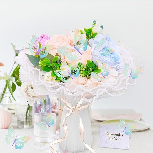 baotongle Flower Wrapping Bouquet Mesh Paper with 24PCS 3D Butterfly Decor 10pcs Blank Gift Cards Satin Ribbon for Wedding DIY Valentine Mother's Day Birthday Party (White) in Saudi Arabia