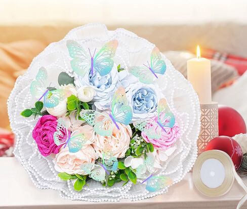 baotongle Flower Wrapping Bouquet Mesh Paper with 24PCS 3D Butterfly Decor 10pcs Blank Gift Cards Satin Ribbon for Wedding DIY Valentine Mother's Day Birthday Party (White) in Saudi Arabia