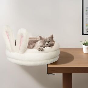 360° Rotation Cat Bed for Desk, Cats Desk Bed with Soft Rabbit Ear Cushion, Desk Nest Cat Beds with Metal Frames, Cats Desk Perch, White