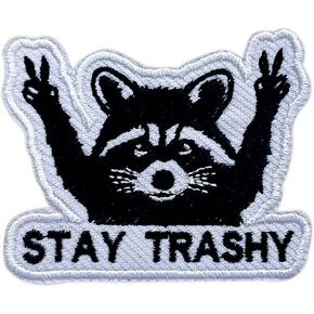 Stay Trashy Racoon Embroidery Patch for Clothes Backpacks Hats Jeans Bags, Raccoon Size 3" Iron Patch or Sew On Patches, Cute Animal Applique Embroidery Patches, Funny Gift for Girls Boys