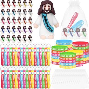 30 Sets Mini Jesus Figurines in Bulk Christian Religious Gifts Jesus Loves You Figure Gift Silicone Bracelets Keychains Tiny Jesus Doll Rubber Figurine Church Favors for Sunday School
