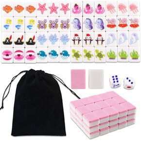 مجموعة Mahjong Block Set ، 50 PCS Pink Ocean موضوع لعبة Mahjong Tile Game مع حقيبة تخزين و 2 زهر ، أنماط الحياة البحرية Mahjong مجموعة لمجموعة اللعب التفاعلية العائلية (1.18 × 0.86 × 0.59 بوصة)