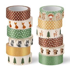 Whaline 12 Rolls Woodland Animal Washi Tape Forest Safari Creature Decorative Masking Tape Set Cute Wrapping Paper Tape for Scrapbook Journal DIY Art Crafts
