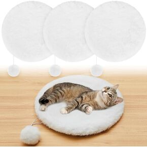Abbylike 3 Pack 13.8 Round Cat Dog Bed Cushion Pad Mat Faux Rabbit Fur Fur Pet Hap مع كرة صغيرة دافئة مضادة للانزلاق القابلة للانزلاق البرج البديل لبرج وسادة البرج في قفص الناقل ، أبيض