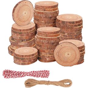 76 PCS شرائح خشبية طبيعية مع ثقب للحرف اليدوية ، قطرها 3.54-3.94 بوصة ، شرائح خشبية مثالية وأقراص خشبية للأقراص المركزية ، الزخارف ، وأكثر من ذلك (تشمل 2 حبل)