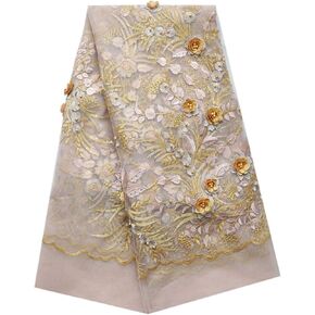 SanVera17 Applique African Lace Fabric 3D Lace Material Net Lace Fabric French Tulle Lace for Wedding Dress (Beige) 5 Yards in Kuwait