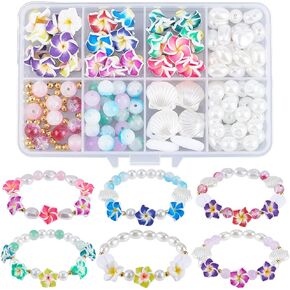 SUNNYCLUE 1 Box 174Pcs DIY 6 Sets Bracelet Making Kit Plumeria Flower Beads Polymer Clay Beads Summer Ocean Hawaiian Shell Bead Imitation Pearl Beads for Jewelry Making Kits Adult Women Gifts Supplies