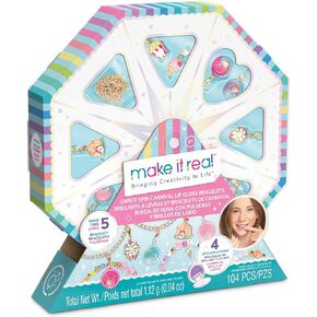 Make It Real: Sweet Spin Carnival Lip Gloss Pracelets - 104pc ، Diy Jewelry Craft Kit ، Design 5 Bracelets Charm Chain ، Frrawberry -Scentered Gloss ، Kid 8+