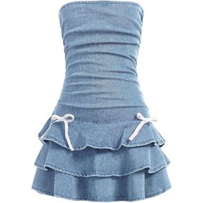 Floerns Girl's Ruched Strapless Tube Top Bowknot Denim Dress Cute Tiered Dress