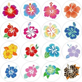 600 PCS ملصقات الكركديه الكركديه للأطفال المعلمين 1.5 بوصة 16 أنماط من هاواي ملصقات زهرة الكركديه الاستوائية للطفل للبنات فتيات عيد ميلاد الحزب هبات المدارس