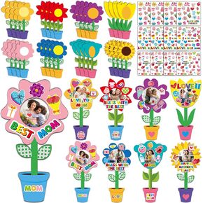 Qyeahkj 32 حزمة عيد الأم يوم الصورة إطار حرفة الأطفال للأطفال DIY زهرة الحرف مع ملصقات نبات الربيع صورة الورق الفنون الحرف الهدايا لأم لأمي الفصل الدراسي في رياض الأطفال ديكور