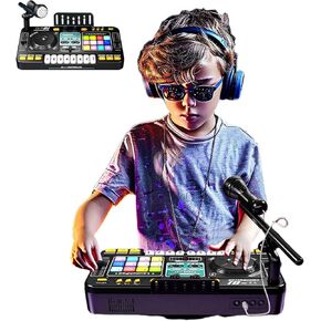 Rechargeable Kids DJ Mixer, LED Light Show & Karaoke Microphone - Interactive Music Toy with 12 Sound Keys, 8 Piano Keys & Custom Recording for Ages 4-8+