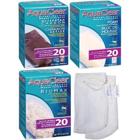 AquaClear 20 HOB Maintenance & Replacement Filter Media Kit, Including Gokul Brands Mesh Bags (AquaClear Activated Carbon Inserts 45g-1 Pack, BioMax Media 42g, Filter Foam Insert 1-Pack)