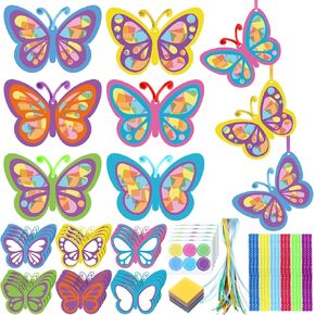 24 Pcs Butterfly Suncatchers Craft Kits DIY Butterfly Shaped Stained Glass Effect Tissue Paper Kits Bulk for Window Decor Spring Summer Party Favors Home Art Activities Gift Supplies