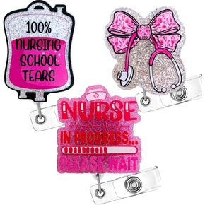 3PC Future Student Nurse Badge Reels Bundle Set Nursing School Reel Holder ID Card Name Tag Retractable Clip Pink Girly Nurses in Progress Tears Bow RN CNA MA IPN Medical Assistant Gifts Supplies