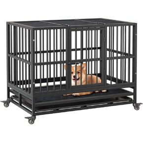 Heavy Duty Dog Crate, 37'' Foldable Dog Crate with Double Door, 360° Lockable Wheels and Removable Tray, Easy to Clean and Assembly, Indoor Dog Crate for Small Medium Large Dogs