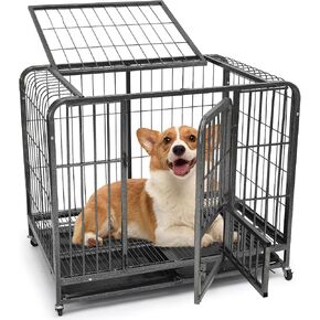 30Inch Dog Cage for Medium Size Dogs, Heavy Duty Dog Crate with Removable Tray, Metal Dog Kennel Indoor Escape Proof, High Anxiety Crate with Double Doors, Lockable Wheels