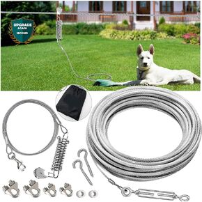 100ft Dog Tie Out Aerial Run Trolley System - Heavy Duty Dog Aerial Run Cable with 10ft Pulley Runner Line Holds 75Lbs of Dogs for Yard Camping Outdoor