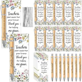 24 Set Teachers Appreciation Gifts Wood Bamboo Ballpoint Pens Bulk with Thank You Bookmark Cards Cable Ties Plant Seeds That Grow Forever Graduation Retirement Birthday Gift for Teachers