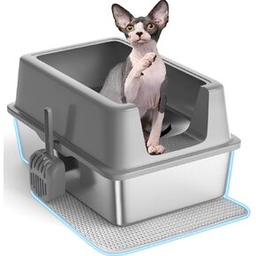 Stainless Steel Cat Litter Box with Lid, XXL Semi-Enclosed Box for Big Kitty, Metal Extra Large High Sided, Non-Stick & Anti-Urine Leakage with Cat Mat and Scoop