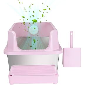 RIZZARI Stainless Steel Cat Litter Box, Anti-Leakage & Odorless, Semi-Enclosed Litter Box with Raised Edges for Small to Large Sized Cats (Dark Pink, 24" L*16" W*12" H)