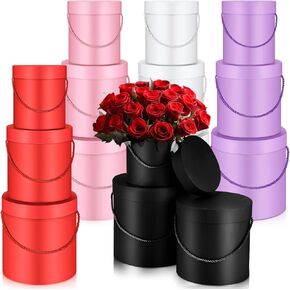 Cholemy 12 Set Round Flower Boxes with Lids 3 Sizes Round Gift Boxes for Arrangements Nesting Gift Box with Handle for Mother's Day Graduation Wedding Birthday(Pink, Red, White, Black)