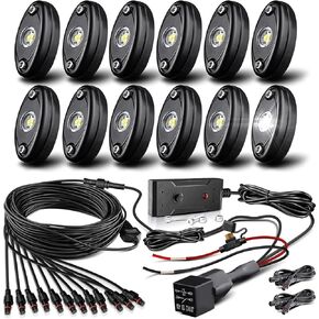R2 LED Pure White Rock Lights Kits 12PCS for Offroad Trucks UTV ATV SUV RZR Boat Car Plug and Play with Harness Switch Fuse Waterproof Shockproof Super Bright HIGT Power Rock Light
