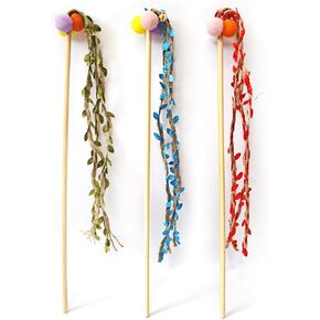 IUHKBH Cat Wands, 3 PCS Colorful Leaf Kitten Wand Handcrafted Jungle Wicker Kitty Teaser Wand Wooden Hand Cat Stick Toy