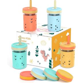Tronco Glass Mason Jar Sippy Cups for Toddlers, 8 oz Kids Smoothie Cups with Straws and Silicone Sleeves, Spill Proof, BPA-Free