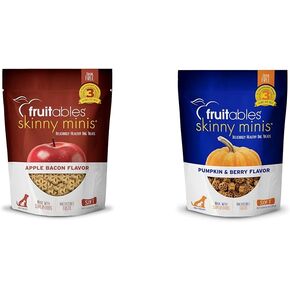 حزمة من Fruitables Skinny Mini Dog تعامل نكهة التفاح ولحم الخنزير المقدد - 5 أوقية + Fruitables Skinny Mini Dog يعامل نكهة اليقطين والتوت - 5 أوقية - تدريب منخفضة السعرات الحرارية يعامل خالية من القمح والذرة وفول الصويا