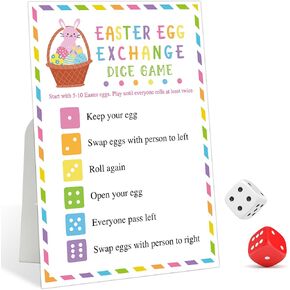 Easter Egg Exchange Dice Game, Easter Gifts Exchange Instruction Standing Sign with 2 Dice, Easter Games for Adults and Large Groups, Easter Party Swap Games for Family Classroom Activities, 02
