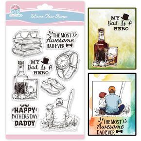 GLOBLELAND Father's Day Whiskey Clear Stamps for Card Making Fishing Book Silicone Clear Stamps My Dad is a Hero Transparent Stamps Seal for Father's Day DIY Scrapbooking Embossing Photo Album Decor