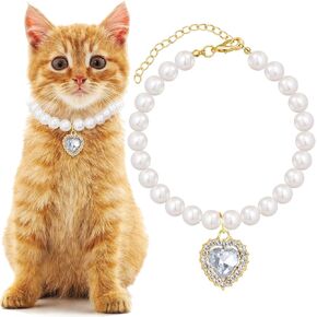 Pearl Collar for Cat Puppy, Small Cute Heart Shape Rhinestone Pet Necklace, Adjustable Wedding Party Pet Jewelry Accessories for Puppy Kitten- White in Kuwait