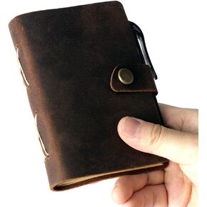 دفتر جيب مع القلم ، مجلة جلدية أصلية Mini Notebook صغير غير مقبول للنساء الرجال (البني الداكن)