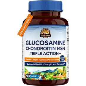 VITALITOWN Glucosamine Chondroitin MSM | Collagen, Boswellia, Turmeric, Hyaluronic Acid, Bromelain | Triple Action+ Joint Formula | 12 Joint-Loving Ingredients | 90 Tablets, No Shellfish