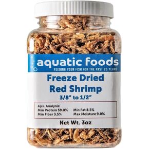 Aquatic Foods Inc. Red Shrimp - Freeze Dried 3/8" to 1/2" for Tropical & Marine Fish, Koi & Pond Fish, Turtles, Reptiles, Rodents - 3oz Jar