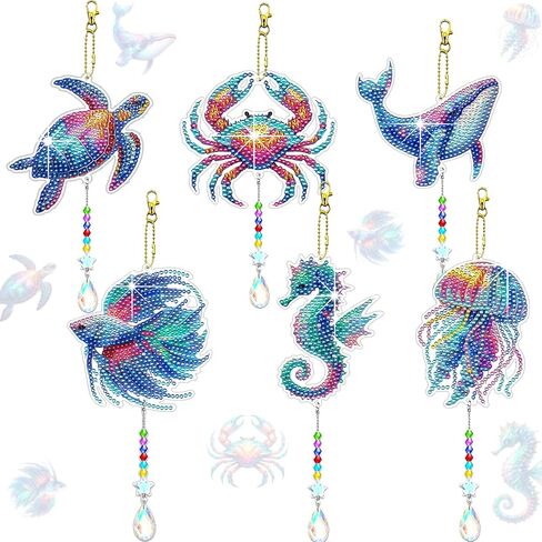JeCuiK 6 Pcs Ocean Diamond Art Kits for Adults Diamond Painting Wind Chimes Sea Animal Diamonds Painting Suncatcher Double Sided Small Diamond Painting Kits Best Gifts for Mom in Saudi Arabia