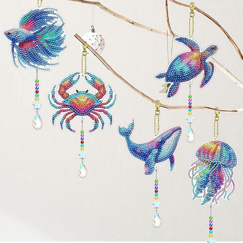 JeCuiK 6 Pcs Ocean Diamond Art Kits for Adults Diamond Painting Wind Chimes Sea Animal Diamonds Painting Suncatcher Double Sided Small Diamond Painting Kits Best Gifts for Mom in Saudi Arabia