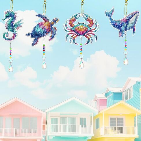 JeCuiK 6 Pcs Ocean Diamond Art Kits for Adults Diamond Painting Wind Chimes Sea Animal Diamonds Painting Suncatcher Double Sided Small Diamond Painting Kits Best Gifts for Mom in Saudi Arabia