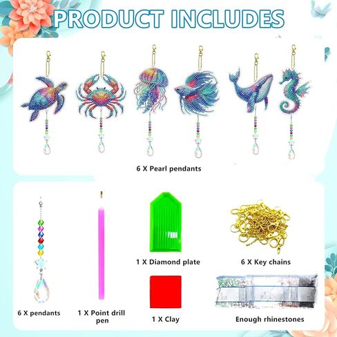JeCuiK 6 Pcs Ocean Diamond Art Kits for Adults Diamond Painting Wind Chimes Sea Animal Diamonds Painting Suncatcher Double Sided Small Diamond Painting Kits Best Gifts for Mom in Saudi Arabia