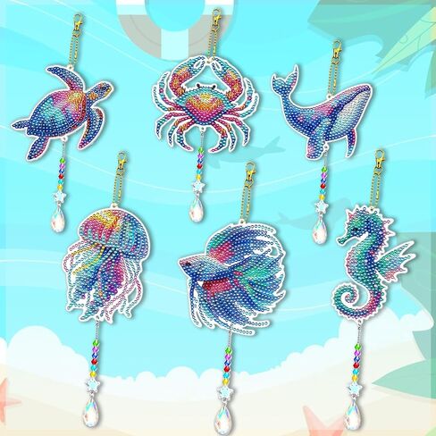 JeCuiK 6 Pcs Ocean Diamond Art Kits for Adults Diamond Painting Wind Chimes Sea Animal Diamonds Painting Suncatcher Double Sided Small Diamond Painting Kits Best Gifts for Mom in Saudi Arabia