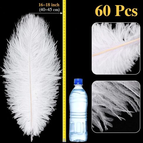 Xunyee 60 PCS Natural Gostrich الريش 16-18 بوصة/ 40-45 سم كبيرة من الريشة الطبيعية ديكور النعمة لحفل الزفاف مركزية احتفال كرنفال العطلة DIY (أبيض) in Kuwait