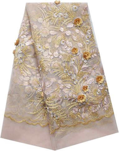 SanVera17 Applique African Lace Fabric 3D Lace Material Net Lace Fabric French Tulle Lace for Wedding Dress (Beige) 5 Yards in Kuwait