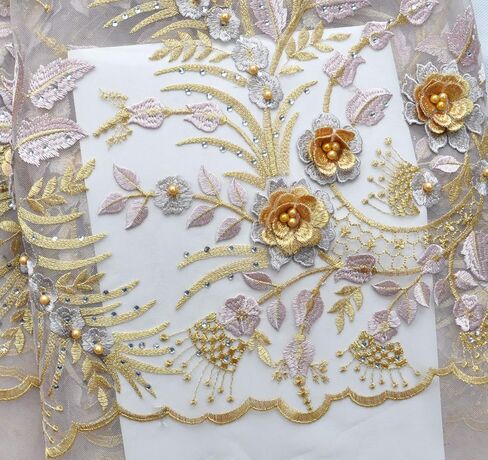 SanVera17 Applique African Lace Fabric 3D Lace Material Net Lace Fabric French Tulle Lace for Wedding Dress (Beige) 5 Yards in Kuwait