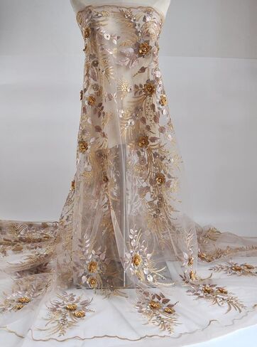 SanVera17 Applique African Lace Fabric 3D Lace Material Net Lace Fabric French Tulle Lace for Wedding Dress (Beige) 5 Yards in Kuwait