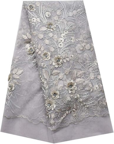 SanVera17 Applique African Lace Fabric 3D Lace Material Net Lace Fabric French Tulle Lace for Wedding Dress (Beige) 5 Yards in Kuwait