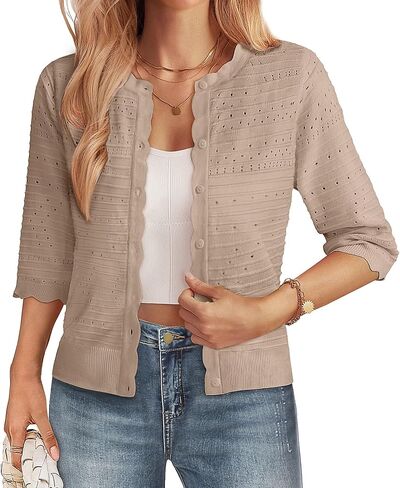GRACE KARIN 3/4 Short Sleeve Cardigan Sweater for Women Lightweight Cropped Crochet Cardigan Dressy Fall Fashion 2024 in Kuwait