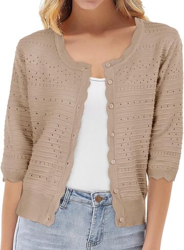 GRACE KARIN 3/4 Short Sleeve Cardigan Sweater for Women Lightweight Cropped Crochet Cardigan Dressy Fall Fashion 2024 in Kuwait