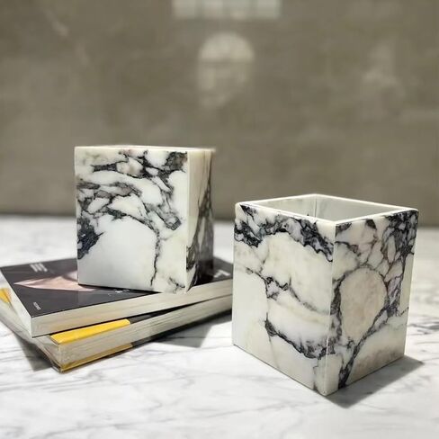 Marble Pen Holder, White Stone Rectangular Desktop Organizer, Office Study Makeup Brush Storage, Home Desk Decor, Minimalist Design, Durable Marble Accessory in Kuwait