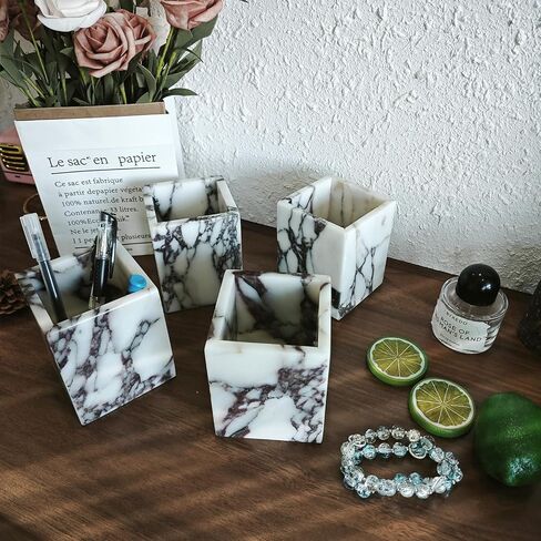 Marble Pen Holder, White Stone Rectangular Desktop Organizer, Office Study Makeup Brush Storage, Home Desk Decor, Minimalist Design, Durable Marble Accessory in Kuwait
